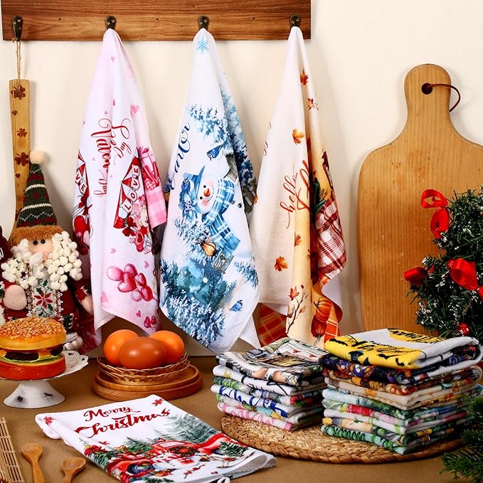 FuWeave 12 Pcs Seasonal Kitchen Towels Set for All Holidays Hand Dish Tea Towels Gift Bulk Valentine's Day Absorbent Dishcloths Housewarming Gift for Cooking Kitchen Bathroom(Fresh Style)