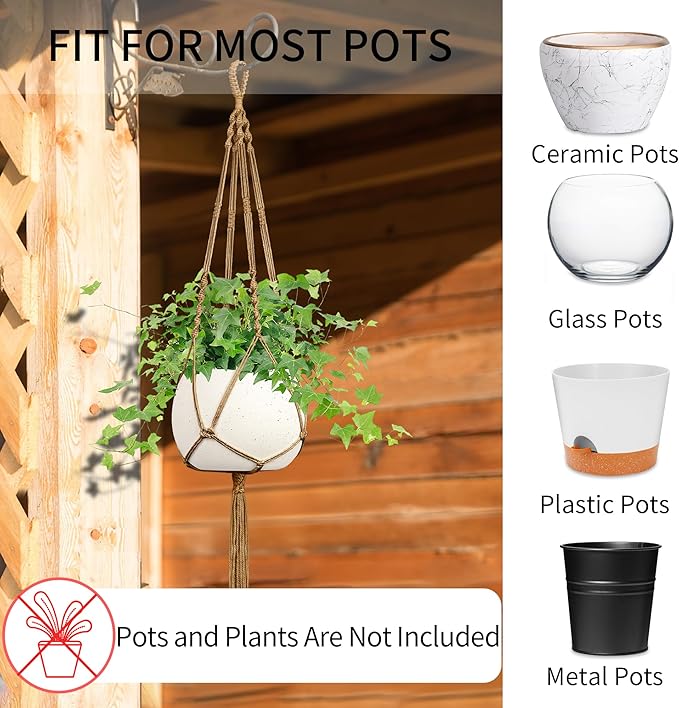 IDEEEPAN Macrame Plant Hanger - Fits 4 to 13 inches Pots for Indoor Outdoor, 34"/41"/46" 3 Sizes Set, Brown (POTS NOT Included)