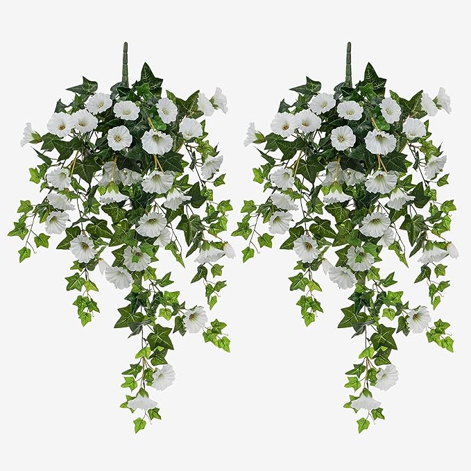 Ttranewsoo Artificial Flowers Faux Outdoor Plants Artificial Petunias for Outdoors Uv Resistant Fake Petunias Plants Hanging Flower Patio Decor Outside Basket Realistic Silk Plant No Pot(White 2pcs)