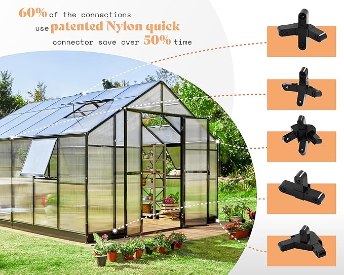 AMERLIFE 12×13.5×9 FT Walk-in Backyard Garden Greenhouse, Polycarbonate Panels, Aluminum Frame, Quick Connect Assembly, 6.7 FT Bronze Double Doors & 4 Vents, Black