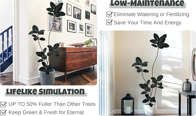 Artificial Rubber Tree 6FT with 33 Glossy Leaves & 5 Heads & Black Pot Cover with Coconut Fiber Realistic Tall Large Faux Tropical Ficus Elastica Plant 72 Inch for Indoor Home Modern Decor