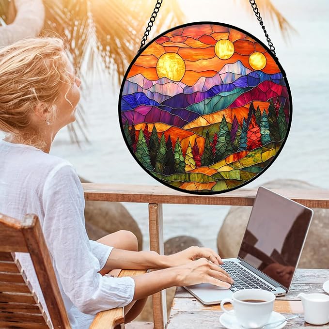 DASTOLL Stained Glass Window Hanging, Sunset Abstract Sun Catchers Colorful Glass Panel Landscape Suncatcher Decor for Birthday for Women, Men, Wife, Aunt, and Mom 14.9x14.9 in