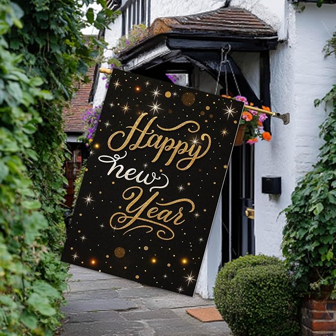 Happy New Year House Flag 28x40 Inch Black and Gold Sparkle Design Garden Flag Outdoor Yard Decoration Elegant Holiday Celebration Banner for Home Porch Lawn