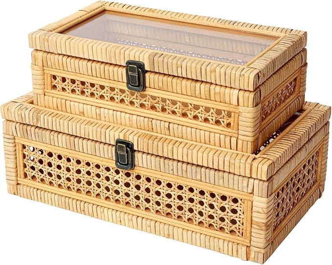 Rattan and Cane Stacking Boxes with Glass Top Lid - Set of 2 for Boho, and Rustic Farmhouse Decor
