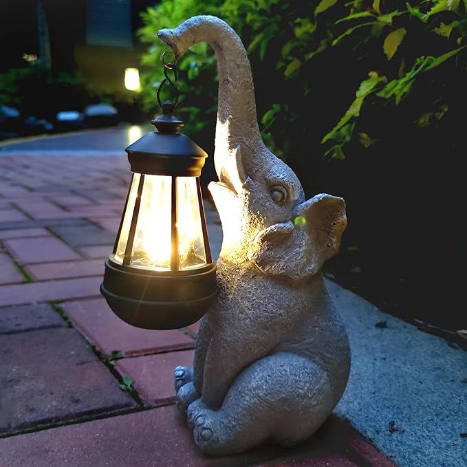 Qobumy Elephant Solar Garden Statues,Resin Elephant Figurine Decorations with Solar Lights Lantern, Outdoor Figurines Lawn Garden Statue Decor Art for Lawn,Yard, Balcony Ornament.