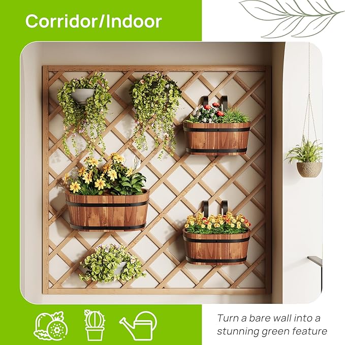 Wooden Hanging Planter for Railing Fence Outdoor Planter Railing Planter Boxes for Plants Wall Planters Window Flower Box Hanging Bucket Pots Countryside Plant Holder (Brown,2pcs,Large)