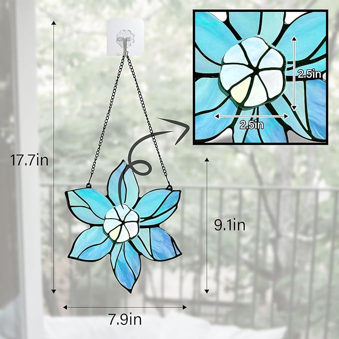 DASTOLL Stained Glass Window Hanging - Blue Christmas Flower Suncatcher for Doors Garden Kitchen Floral Sun Catchers Home Decor Birthday Holiday for Women Aunt Mom Nana Gardener