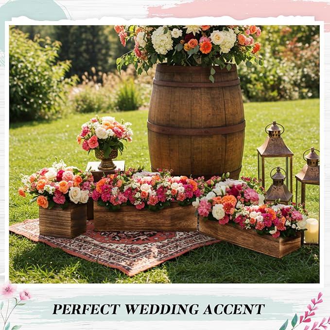 Dandat 5 Set Wood Boxes for Centerpieces 12x4 Inch Rectangle Wooden Planter Box Rustic Wood Planter with Removable Plastic Liner Floral Foam Blocks for Centerpieces Home Wedding Garden Decor