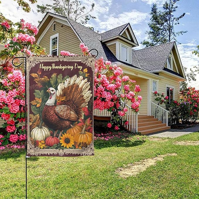 Thanksgiving Day Garden Flag 12x18 Inch Double Sided All-Weather Polyester Outdoor Flag For Patio Lawn Yard And Garden Welcome Decor
