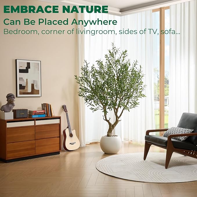 7.5 FT Large Luxury Artificial Olive Tree, Tall Faux Olive Tree with White Pot, Extra Lush Stereoscopic Shape, 5 Minutes Easy Set-up, Realistic Trunks and Lifelike Leaves & Fruits, Home Office Décor