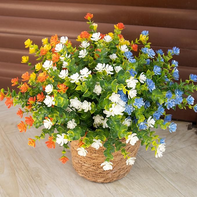 BCBLF Artificial Flowers Outdoors, 12 Bundles Fake Flowers UV-Anti for Decoration Faux Plastic Plants Garden Porch Window Box Décor,YellowBlueWhiteOrange