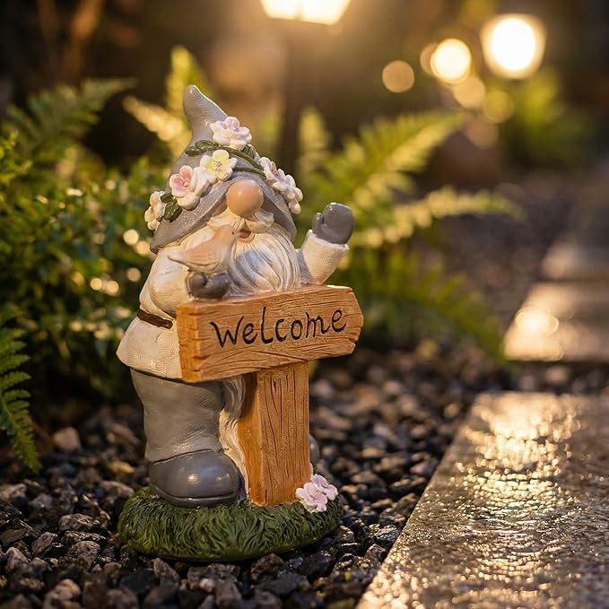 Welcome Gnome Statue with Card & Bird - Garden Gnome Figurine for Outdoors, Resin Lawn Decor - Perfect Outdoor Gnomes Decorations for Yard, Patio, Porch - Welcome Statue Gift for Garden Lovers
