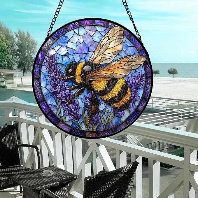 DASTOLL Stained Glass Window Hanging, Bee Lavender Sun Catchers Diamond Glass Panel Hangings Insect Suncatcher Decor for Birthday for Women, Men, Wife, Aunt, and Mom 14.9x14.9 in