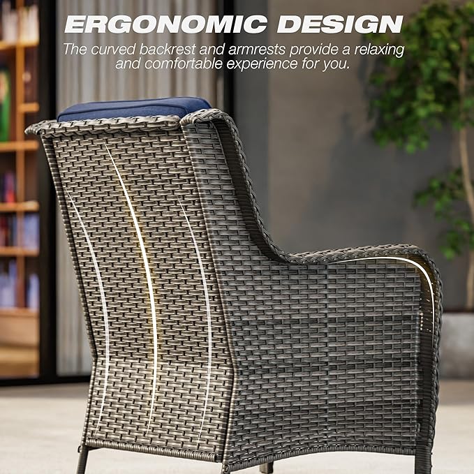 Joyside 3 Piece Wicker Patio Furniture Set with Fire Pit Table, Rattan Patio Chairs with High Back, Deep Seating, Wide Armrest, Thickened Cushions, Outdoor Furniture for Deck, Porch Use