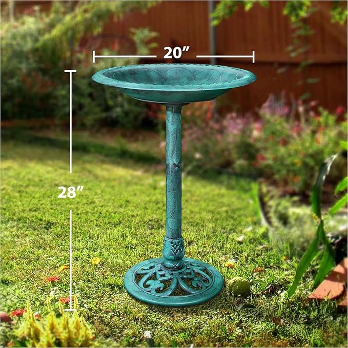 VECELO 28" Pedestal Outdoor Bird Bath with Solar Powered Fountain for Outside, Vintage Bronze Polyresin Lightweight Antique, Yard/Garden Decoration, Green