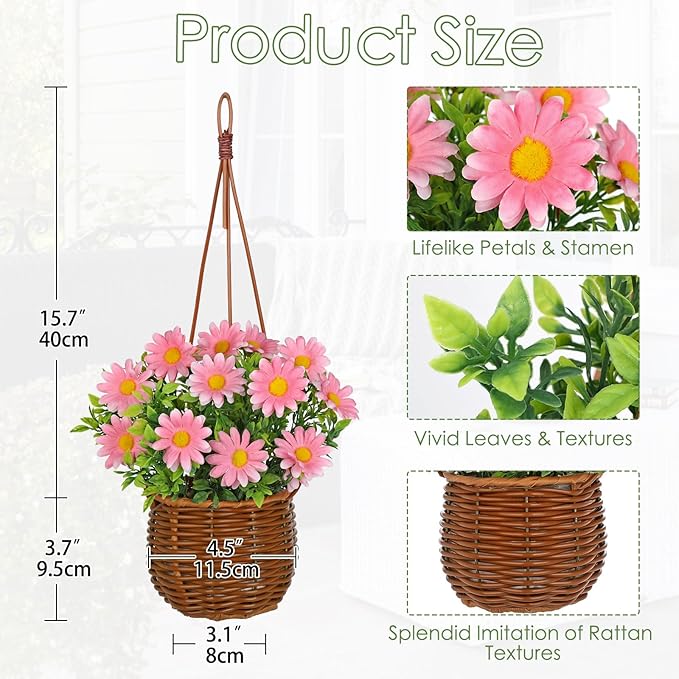 Artificial Daisy Flowers with Hanging Woven Basket, Faux Chrysanthemums in Fake Rattan Planter with Rope, Realistic Floral Arrangement for Home Window Porch Patio Balcony Summer Sweet Decor, Soft Pink