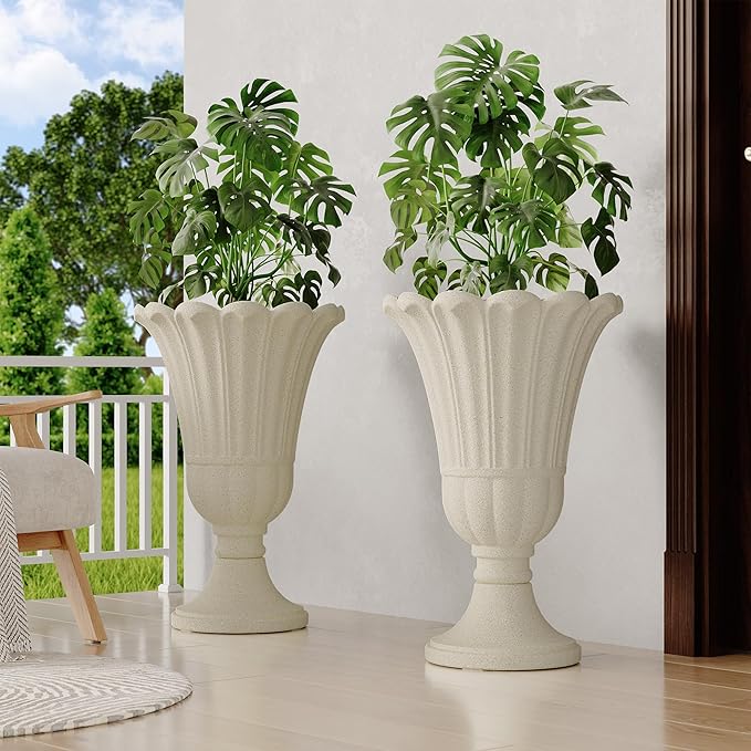 seethmi 23" Tall Planters for Outdoor Plants Set of 2, Planter with Drainage Holes and Petal Design, Large Outdoor Planters for Porch, Garden, Indoor, Beige