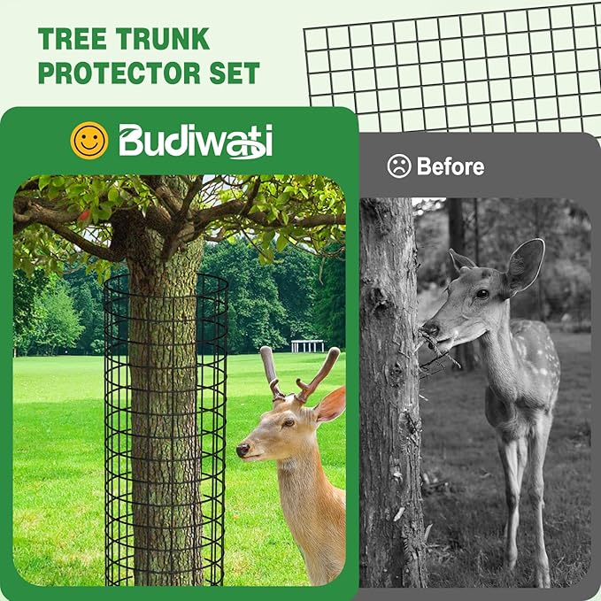 48" Metal Tree Trunk Guard, 4 Pack Mesh Protectors with Zip Ties, Glove & Metal Stakes - Protect Bark & Saplings from Mowers, Deer & Other Animals
