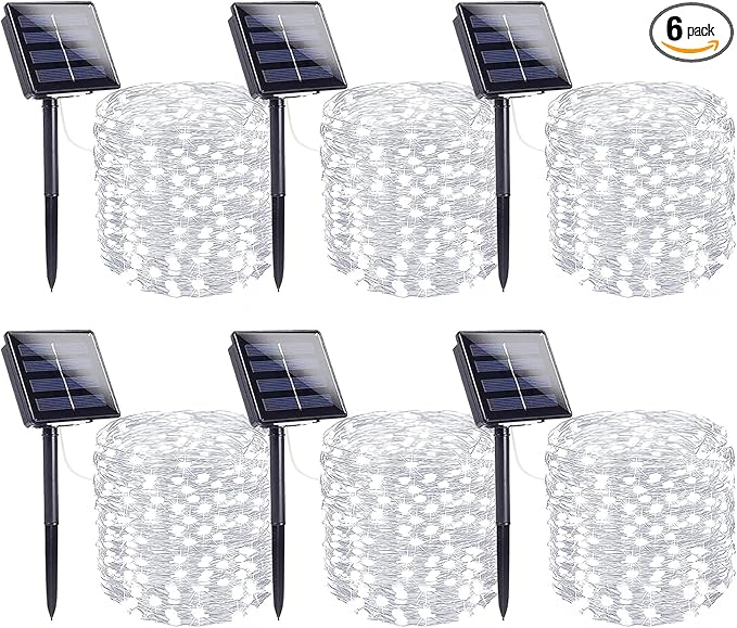 6 Pack Solar String Lights Outdoor, Extra-Long 600LED Solar Fairy Lights Outdoor Waterproof, Solar Twinkle Lights Silver Wire 8 Modes Solar Outside Lights for Xmas Tree Party Wedding (Cool White)