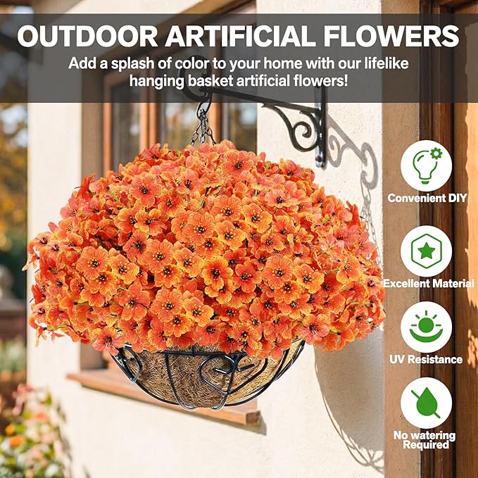 22 Bunch Outdoor Artificial Flowers with Plastic Plants Violets Faux Flowers,Outdoor Front Porch Hanging Planter Window Frame Garden Decor (Orange)