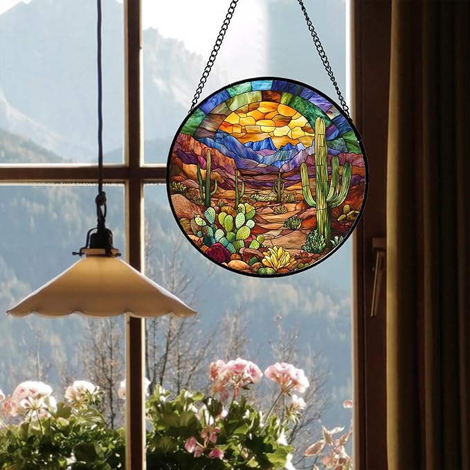 Stained Glass Window Hanging Cactus Mountains Landscape 6.3" - Suncatcher Door Garden Sunroom Sun Catcher Home Decor Birthday Christmas for Mom Men Woman Nana