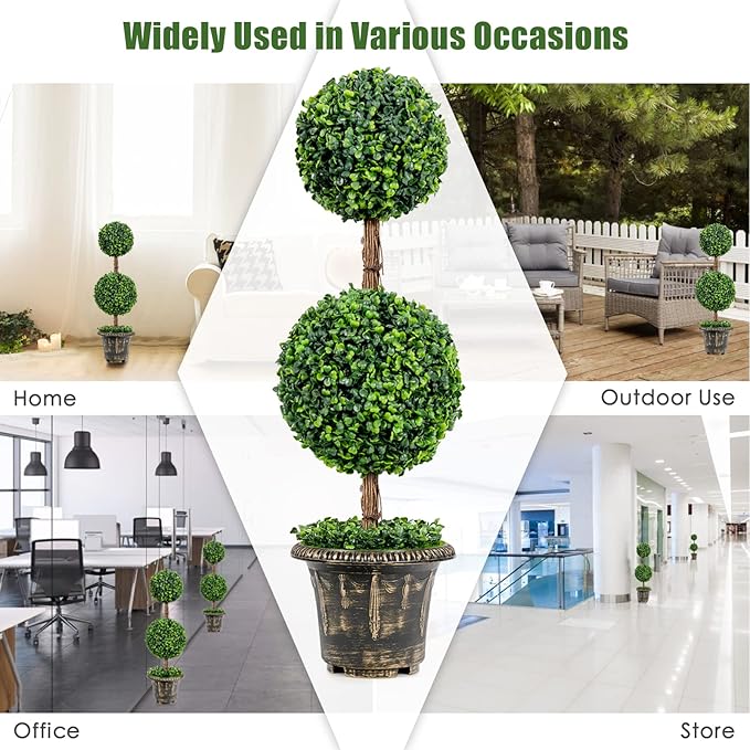 DREAMADE 3ft Boxwood Topiary Tree Artificial for Indoor/Outdoor, Fake Shrub Plant w/Cement-Filled Plastic Pot, Faux Topiary Ball Trees for Front Porch Garden Home Office Wedding Backyard Set of 2