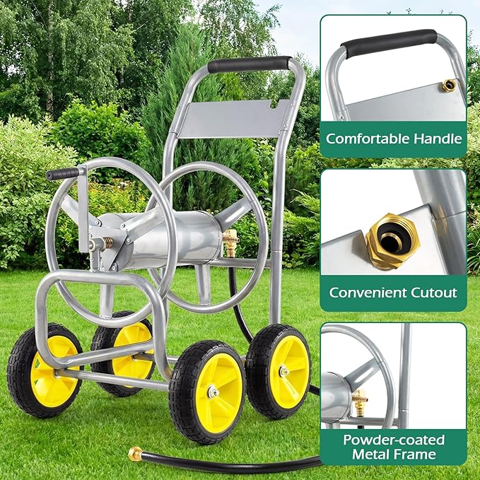 Garden Hose Reel Cart, Mobile Water Hose Cart with Heavy-duty Metal Frame & 4 Solid Wheels, Hold up to 330 ft of 5/8" Hoses, Outdoor Planting Tool for Lawn & Backyard (Silver)