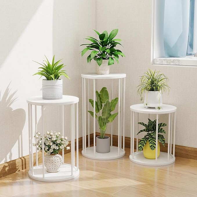 Leinade Plant Stand Indoor,small plant stool,Flower Pot Corner stand holder,Mid Century Heavy Duty Metal Tall Home Decor,Modern Round End Table,Small Rustic Display Stand for Living Room,Bedroom (White,3 Packs)