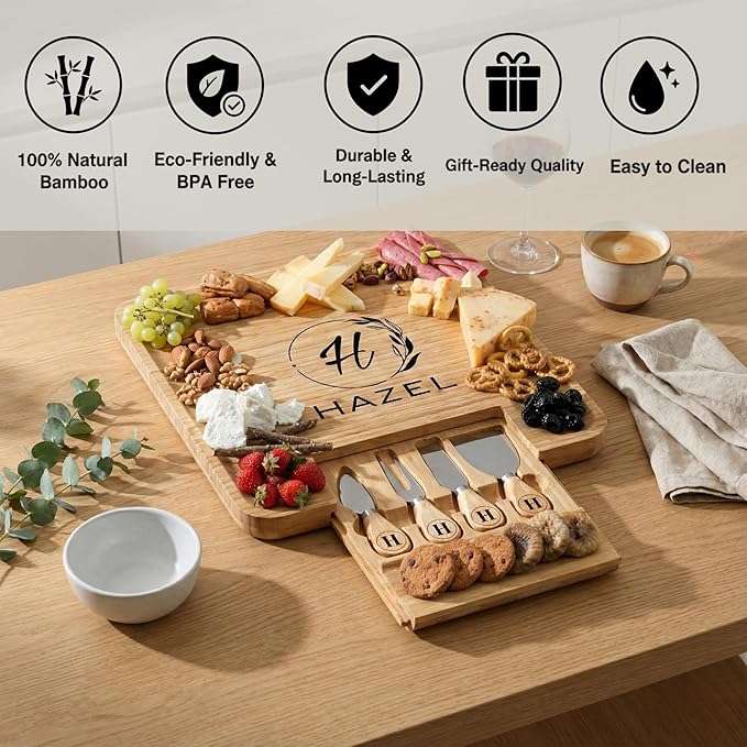 Personalized Charcuterie Board Set, Custom Engraved Bamboo Cheese Board, Christmas, Wedding and Housewarming Gift for Couples, Anniversary and Bridal Shower (1 DRAWER)