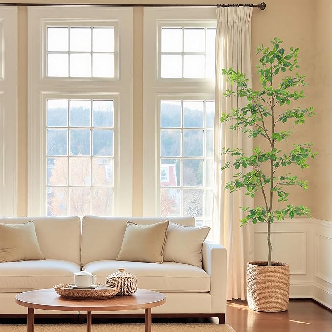 Bellacat Faux Black Olive Tree 7ft, Tall Faux Trees Indoor with Natural Trunk and Realistic Leaves. 7 Feet(84in) Artificial Tree for Home Office Décor.