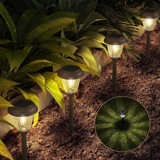 XMCOSY+ Solar Pathway Lights Outdoor, Glass & Stainless Steel Garden Lights with 2 Lighting Modes (10/25 LM), IP65 Waterproof, Warm White for Yard, Walkway, Driveway, Patio & Path (6 Pack)