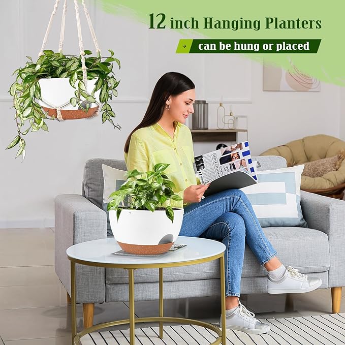 Lucieblessdesign Hanging Planters for Outdoor Indoor Plants, 2 Pack 12 Inch Hanging Basket Plants Outdoor, Self Watering Hanging Planter with Plant Hanger for Garden Home Decoration (White)