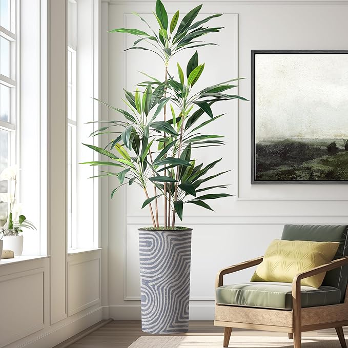 SIGNWIN Artificial Tree in Contemporary Geometric Pattern Planter, Fake Dracaena Tree Silk Tree for Indoor and Outdoor Home Decoration - 66" Overall Tall (Plant Pot Plus Tree)