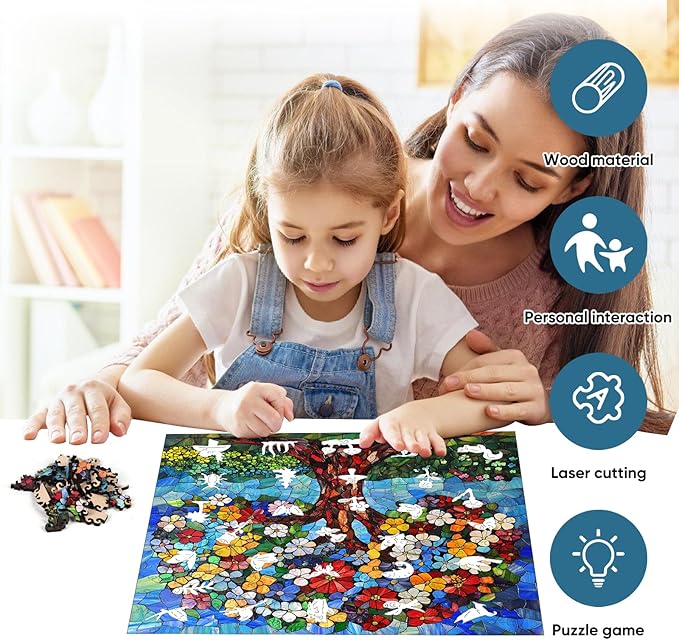 Delobil Puzzles for Adults 500 Pieces, Flower Tree Jigsaw Puzzles, Unique Shaped Stained Glass Wooden Puzzles for Adults and Kids, Plant Art Birthday Gifts Family Game, 15.9 x 15.9 Inches