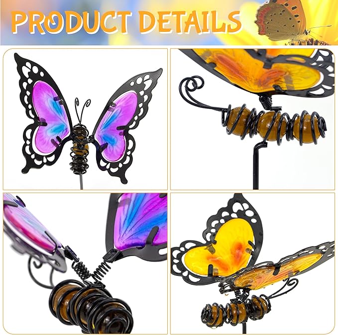 Voumsil Butterfly Garden Stakes,Butterfly Kit Made of Glass and Metal,Colorful Butterflies Garden Decorations Can Make The Garden Full of Color and Vitality. (Yellow and Purple)