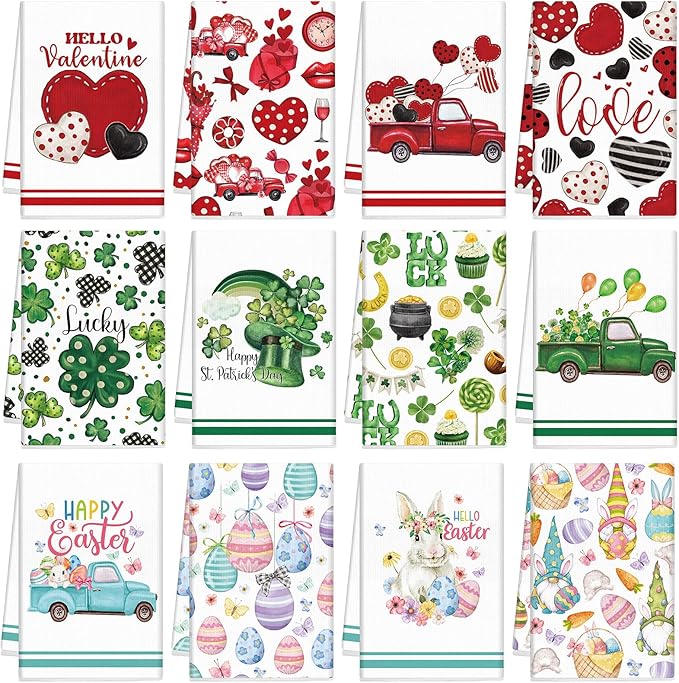 Hahafelt 12 Pcs Valentine's Day Kitchen Towels, St. Patrick's Day Easter Hand Towels Seasonal Holiday Decorative Dish Decor with Truck Shamrocks Bunny Absorbent Soft for Kitchen Bathroom,16 x 24 Inch