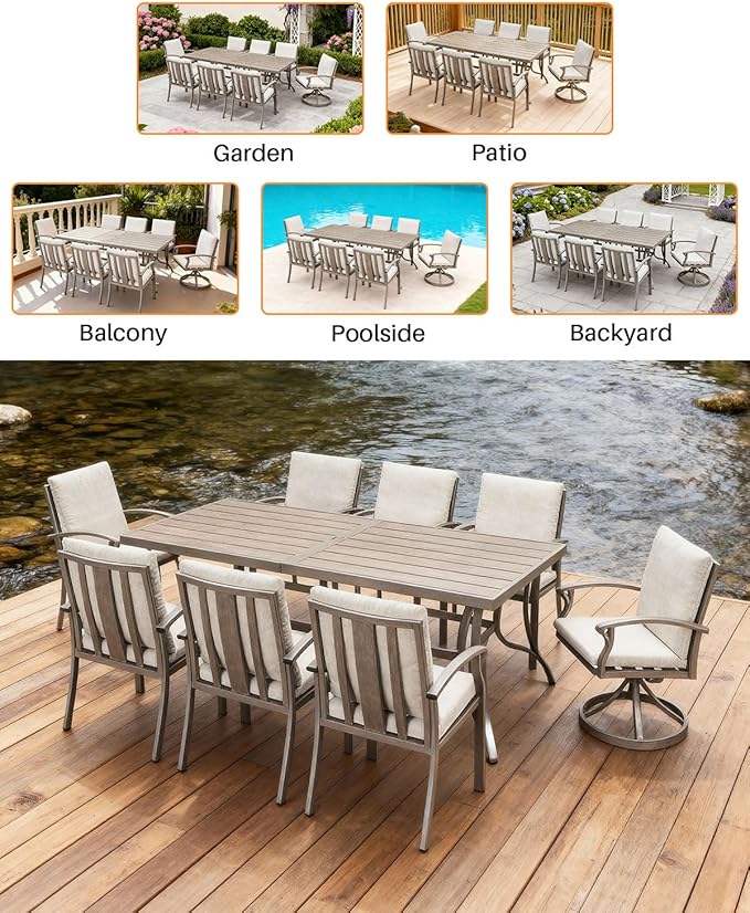 Patio Dining Table for 8, Aluminum Outdoor Dining Table with Umbrella Hole, 84" x 38.6" Rectangular Patio Table for Outside, Outdoor Patio Table for Deck, Garden Poolside, Limed Oak