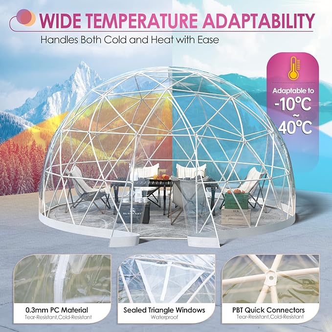 Upgraded 12FT Garden Dome Tent, Outdoor Clear Bubble Tent for 6–10 People, Geodesic Dome Greenhouse with Waterproof PVC Clear Cover, LED Lights, Window for Backyard Patio Camping Party