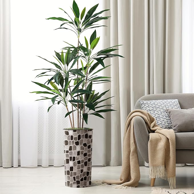 SIGNWIN Artificial Tree in Modern Geometric Pattern Planter, Fake Dracaena Tree Silk Trees for Indoor and Outdoor Home Decoration - 66" Overall Tall (Plant Pot Plus Tree)