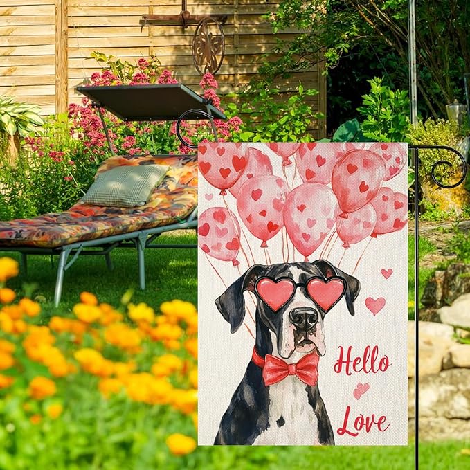 Valentine's Day Great Dane Hello Love Garden Flag, House Yard Plaid Love Heart Outside Decoration, Spring Holiday Wedding Anniversary Outdoor Small Decor 12x18(12628)