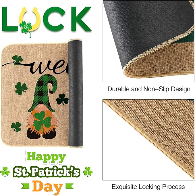 St. Patricks Day Door Mat Lucky Shamrocks Gnome Welcome Floor Mats Indoor Outdoor Rugs Saint Patrick's Day Decorations Kitchen Front Door Bathroom Rug Irish Doormats 17 x 30 Green