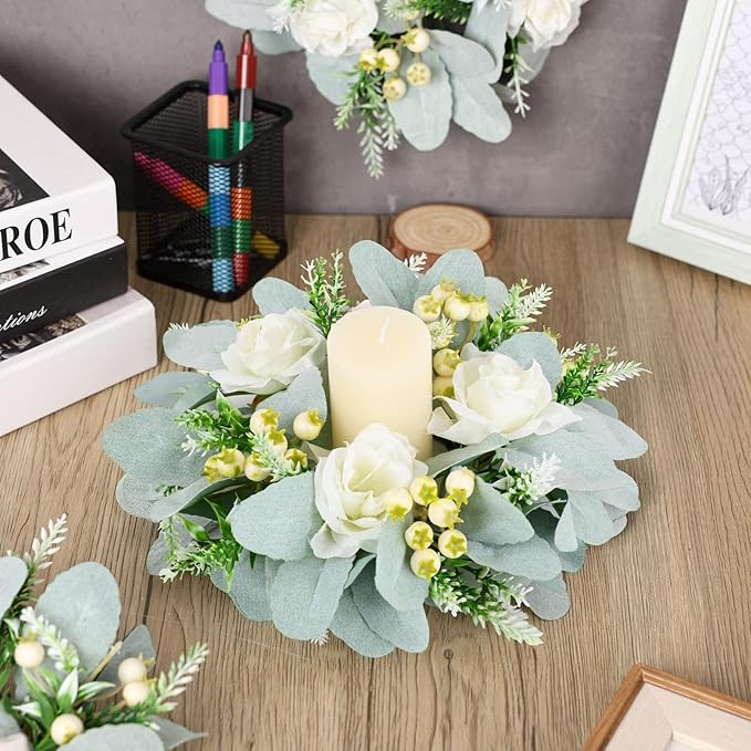 6 Pcs Wedding Rose Candle Rings Swag Wreath Artificial Floral Wreaths with Lamb Leaf Flower Candle Rings Candleholders Garland for Pillar Centerpiece Party Table Wall Window Farmhouse Decor