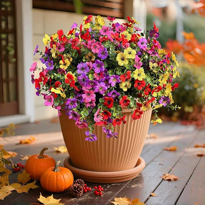 XccJLYB Artificial Flowers Outdoor UV Resistant Fake Plants, 12 Bundles Silk Daisy in Pots for Porch Patio Garden, Faux Potted Home Decor for Outside (Mix Pink, Red, Purple, Yellow)