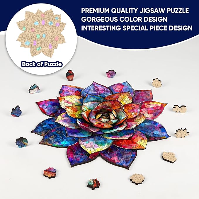 Delobil Wooden Puzzles for Adults, Stained Glass Succulent 200 Pieces Jigsaw Puzzles, Unique Shaped Plant Puzzle Gift for Kids, Family Puzzle Game, 11.2 x 11.1 Inches