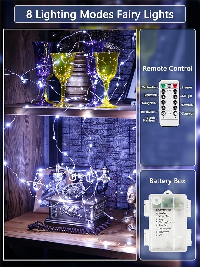 3 Pack Fairy Lights Battery Operated with Remote, 120LED 40FT Twinkle Lights Waterproof for Outdoor & Indoor, 8 Modes Battery String Light Timer for Christmas Party Birthday Home DIY Décor(Cool White)