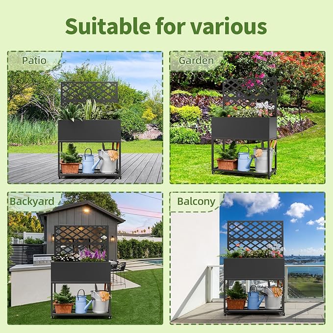 Metal Planter Box with Trellis,55" H x35 W Raised Garden Beds with Privacy Screen for Climbing Plants Flower, Elevated Standing Planter Garden Bed with Drainage Holes for Outdoor Patio,Black