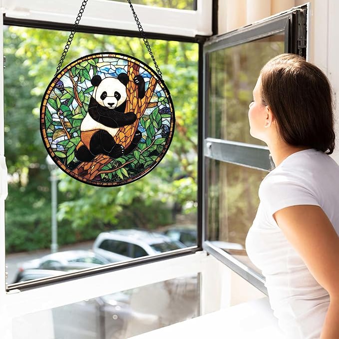 Stained Glass Window Hanging - Cute Panda Suncatcher for Doors Garden Patio Sun Catchers Decor Christmas Mother's Day Birthday Teenager Gifts for Women Men Mom Nana Friend 7.8 in