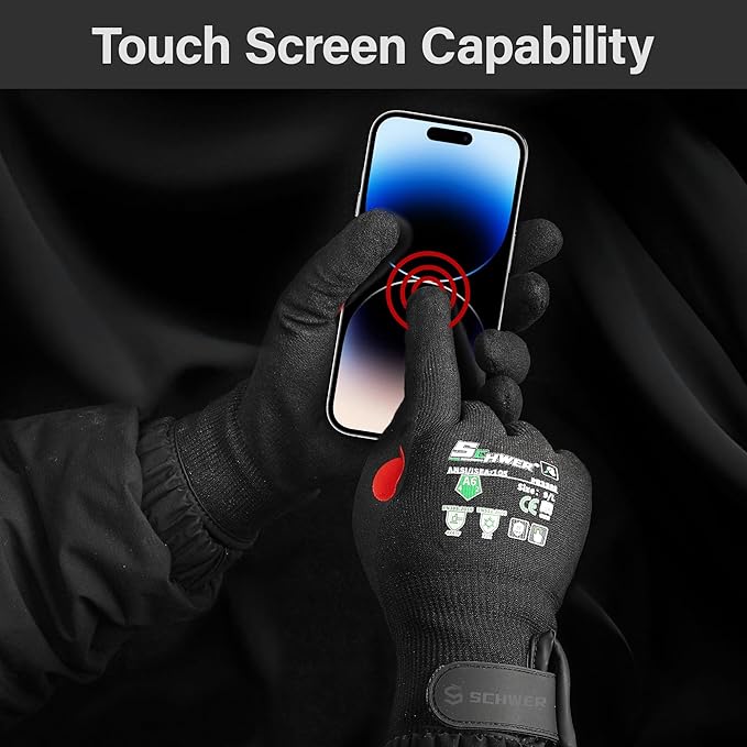 FreezeGuard Winter Work Gloves for Men and Women, ANSI A6 Cut Resistant Gloves With Super Grip, Freezer Glove for Work, Touchscreen, Thermal Insulated, Non PFAS, PR3388, Black Knight (M, 2 Pairs)