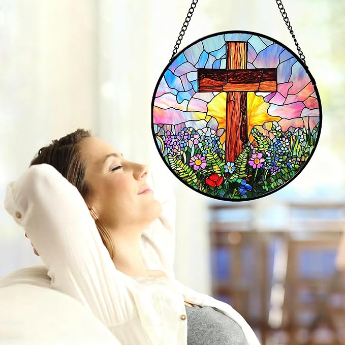 JOSUMALY Christian Gifts for Women - Cross Stained Glass Window Hanging Jesus Easter Colorful Wildflowers Sun Catcher Garden Religion Decor Mother's Day Catholic Gift for Men Grandma Mom Her 15"