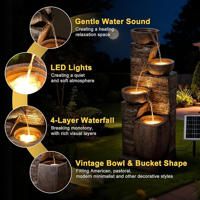 Solar Water Fountain Outdoor Garden, 38.2" Tall Stone Texture Modern Outdoor Fountain with 4 Tiers Cascading Bowls and Pump Solar Panel for Patio, Deck, Porch, Backyard Home Decor